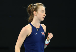 Mika Stojsavljevic gives a fist pump celebration after winning on her Billie Jean King Cup debut against Australia