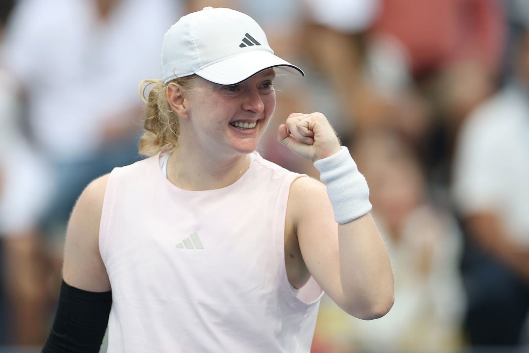 Francesca Jones celebrates her first round win at the 2026 US Open