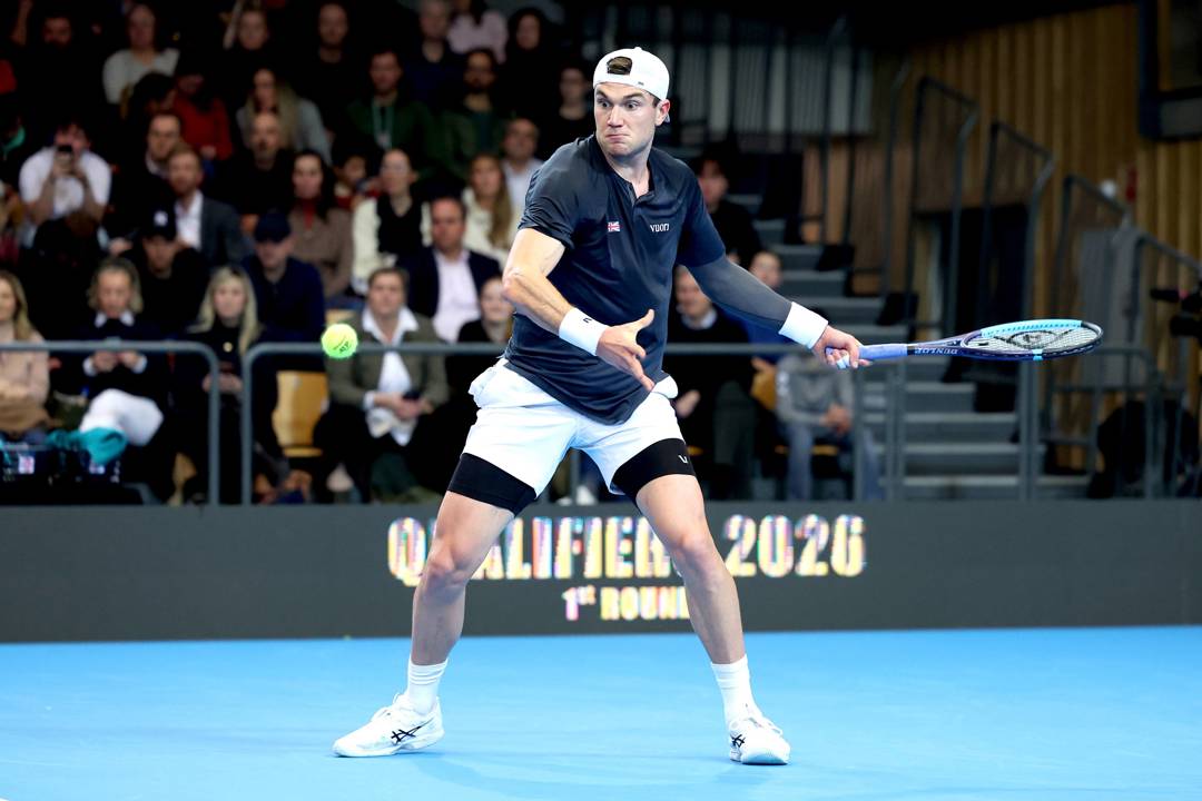 Jack Draper lines up a forehand at the 2026 Davis Cup Qualifiers