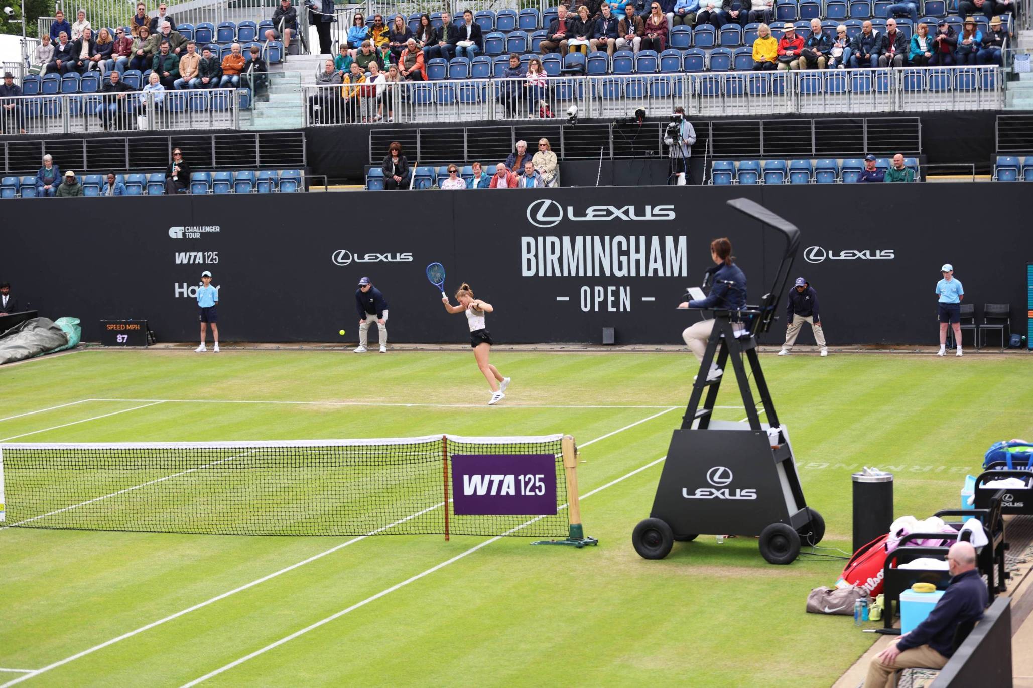 A player hitting a forehand on centre court at the Lexus Birmingham Open