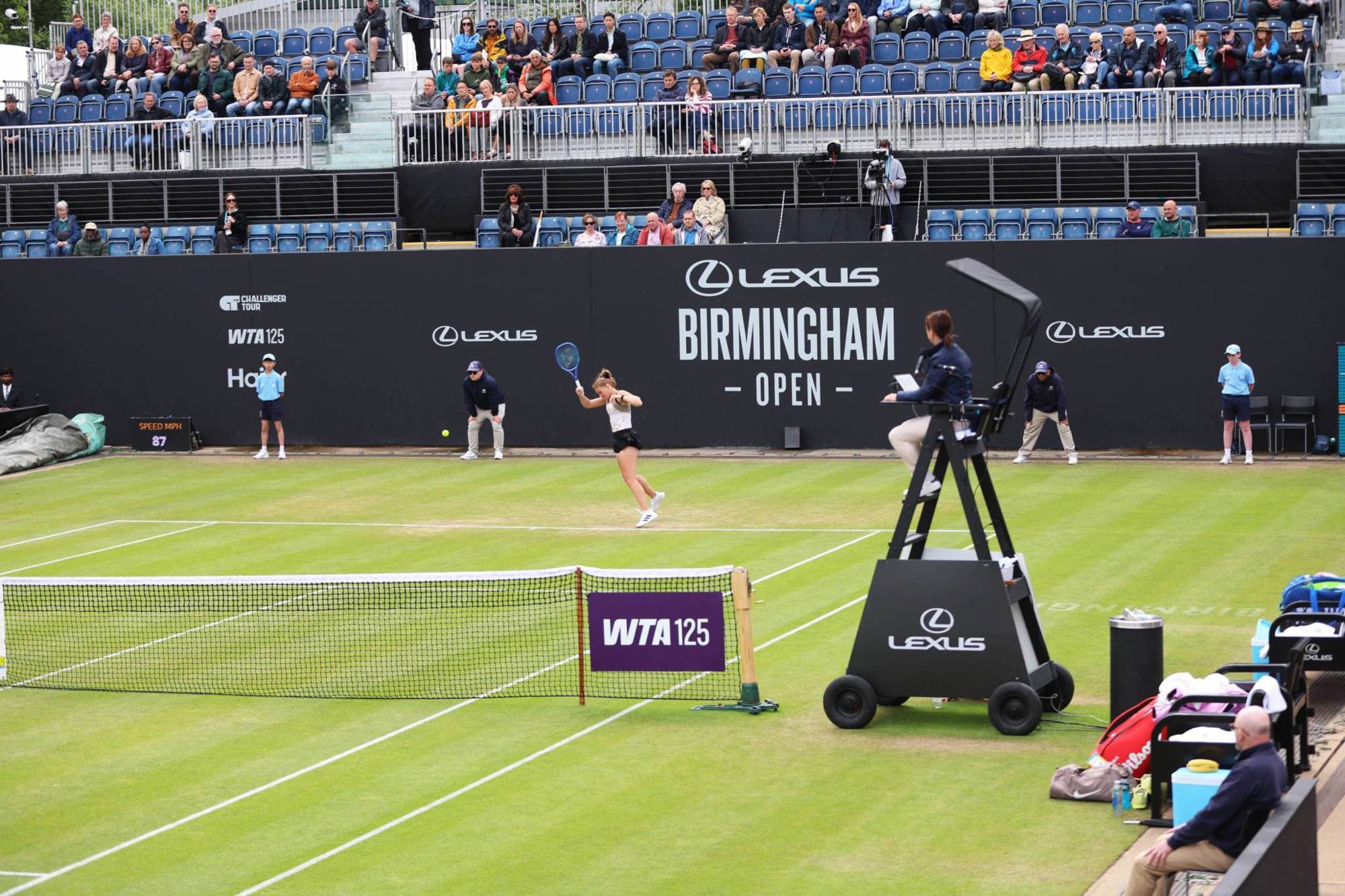 A player hitting a forehand on centre court at the Lexus Birmingham Open