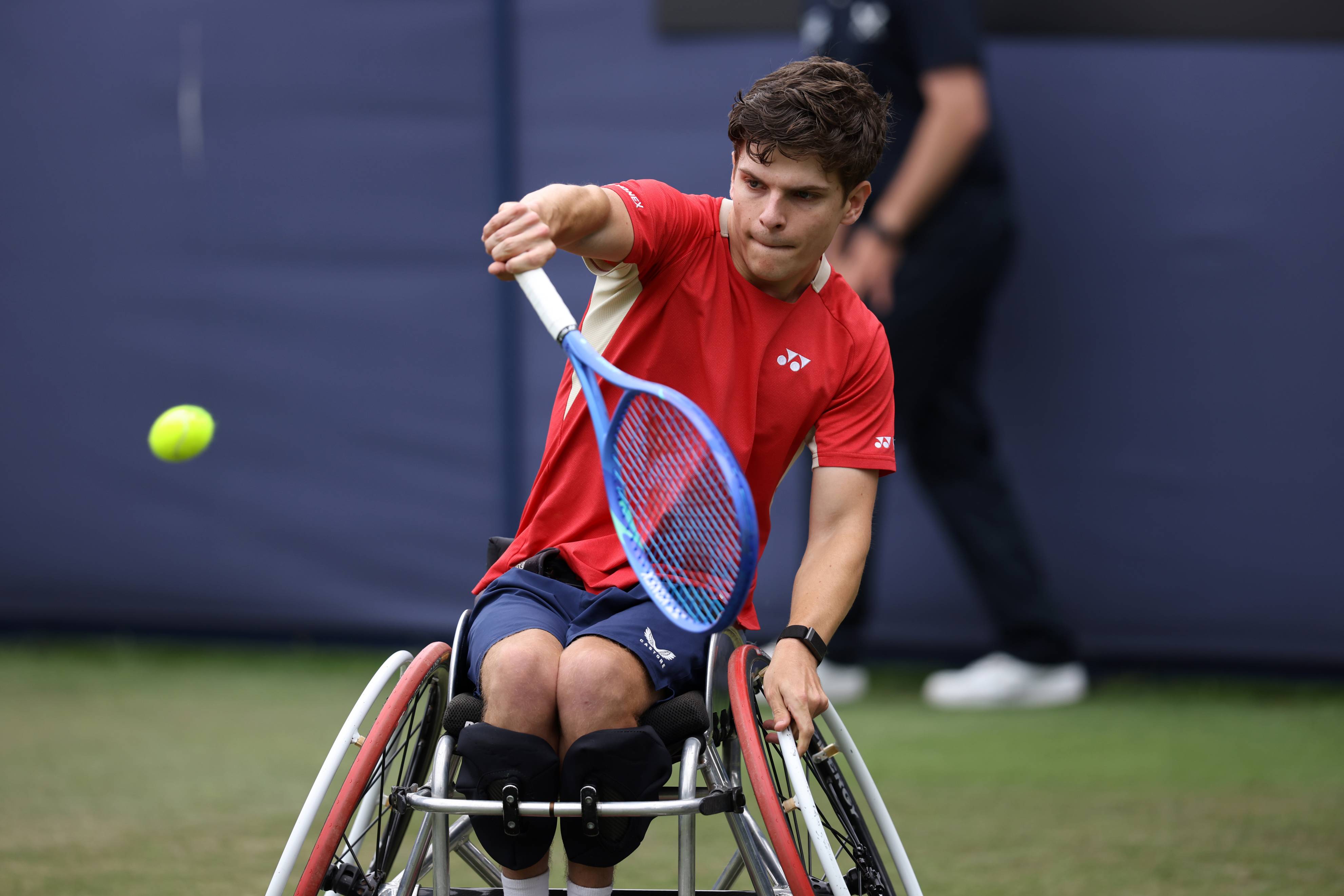 Greg Slade lines up a backhand on court at the Lexus Eastbourne Open