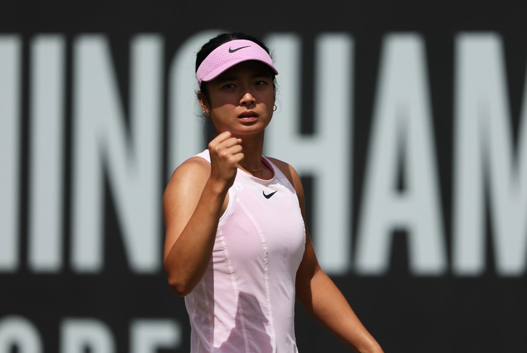 Alexandra Eala gives a fist pump in the first round of the Lexus Birmingham Open