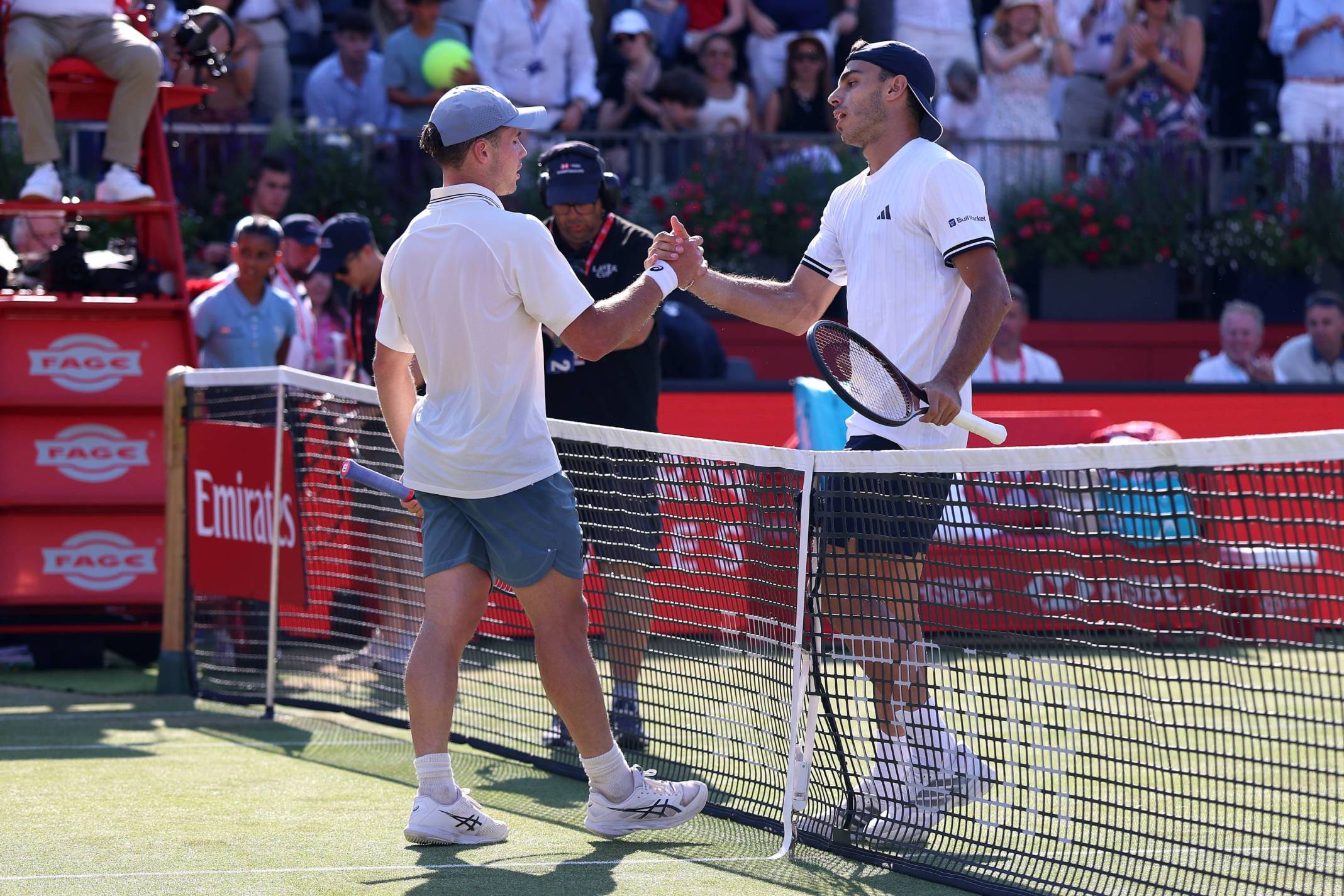 Arthur Fery and Francisco Cerundolo shaking hands at the net at the HSBC Championships