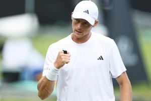 Billy Harris gives a fist pump in the first round of the 2026 Lexus Birmingham Open