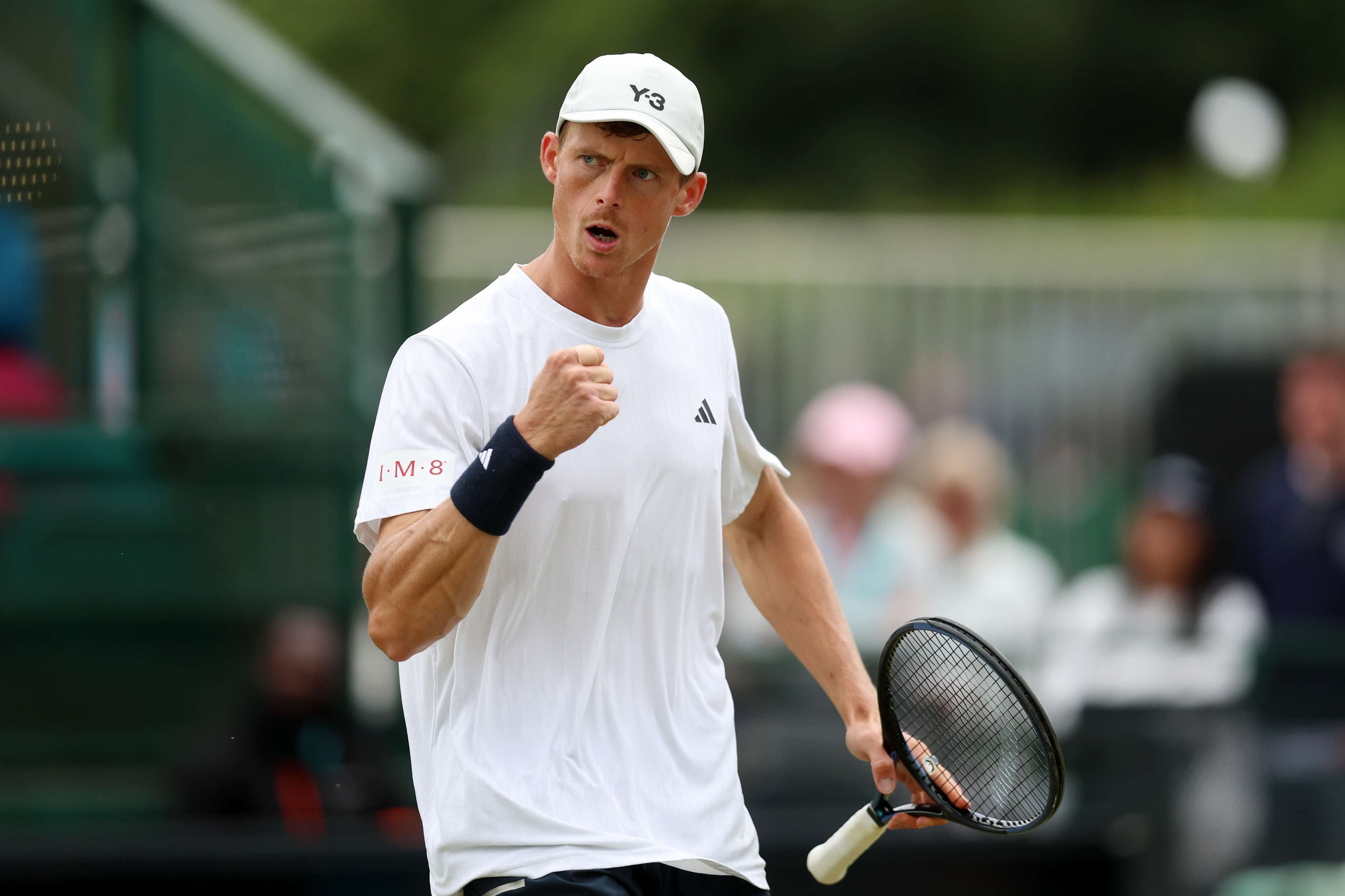 British tennis player Billy Harris clenching his fist on court at the Lexus Nottingham Open
