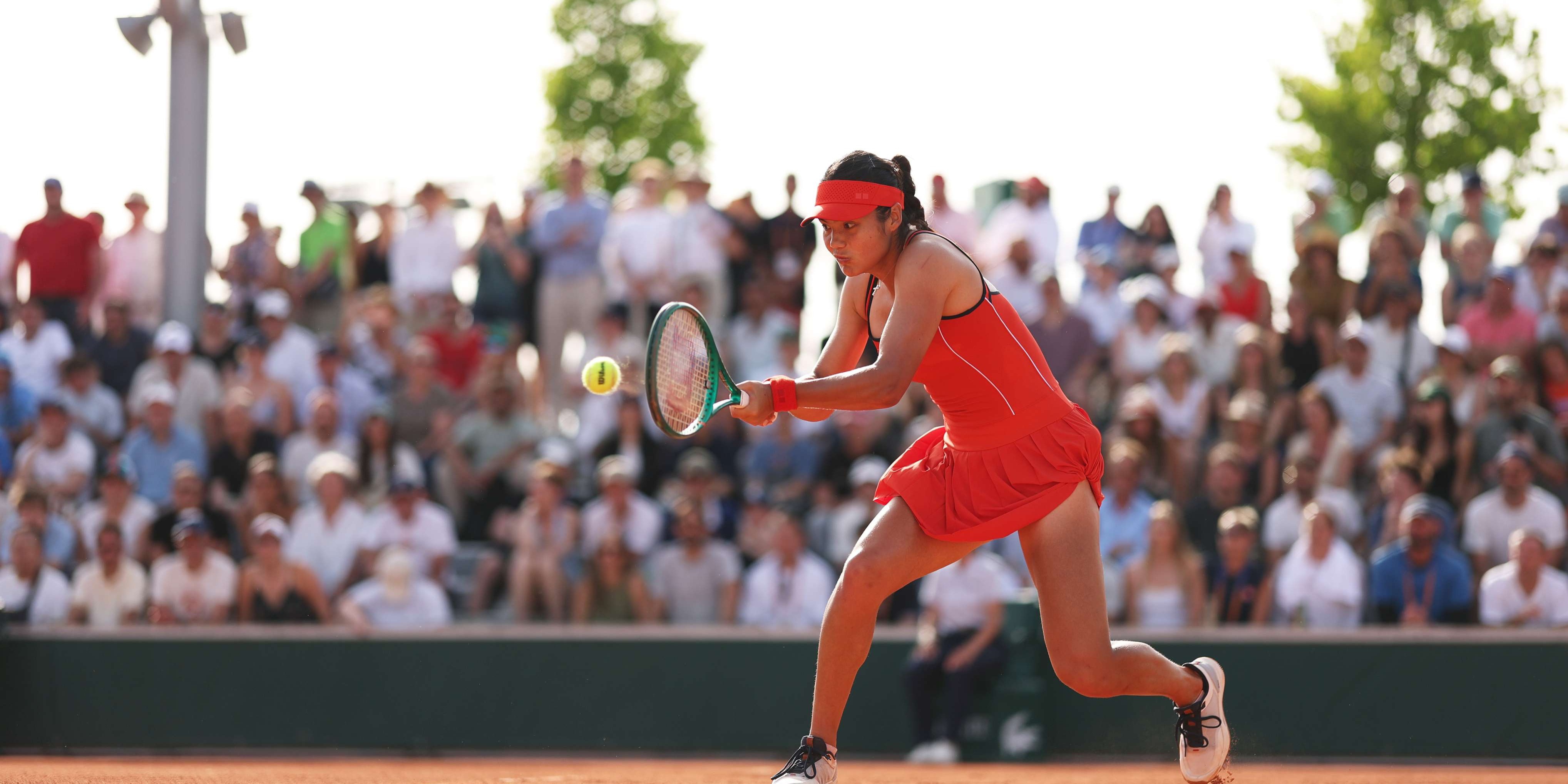 Emma Raducanu striking a backhand at the 2026 Roland Garros
