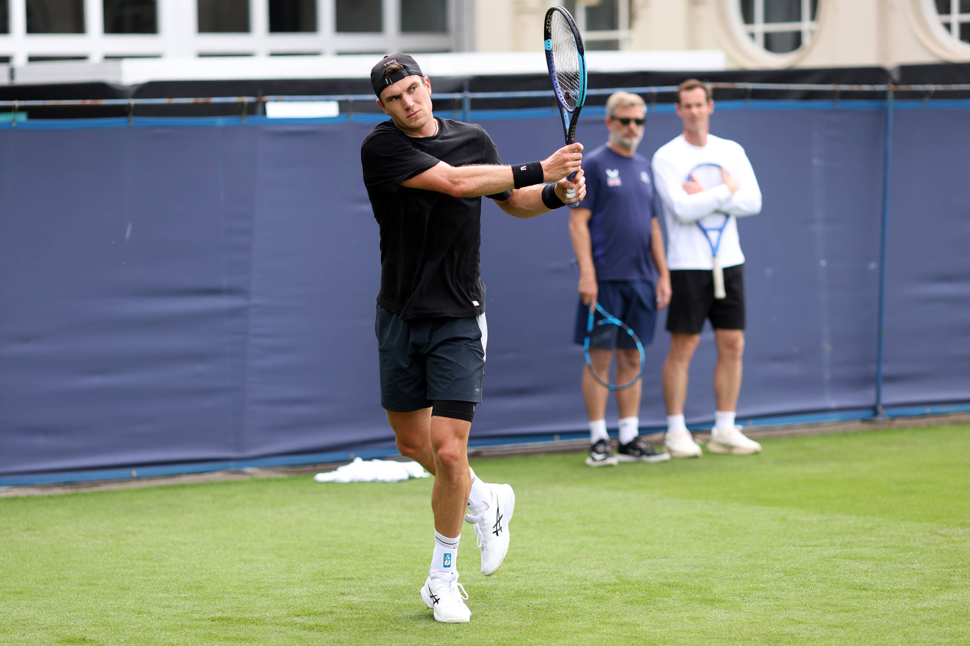 Jack Draper hitting a backhand during a practice session at the Lexus Eastbourne Open