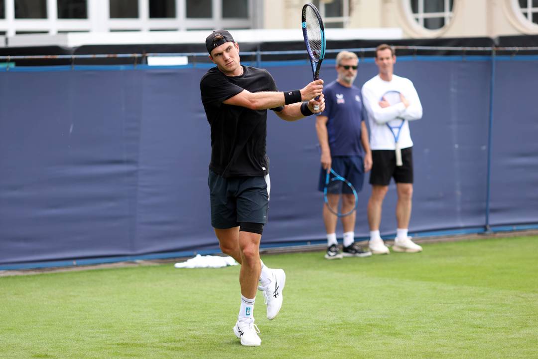 Jack Draper hitting a backhand during a practice session at the Lexus Eastbourne Open
