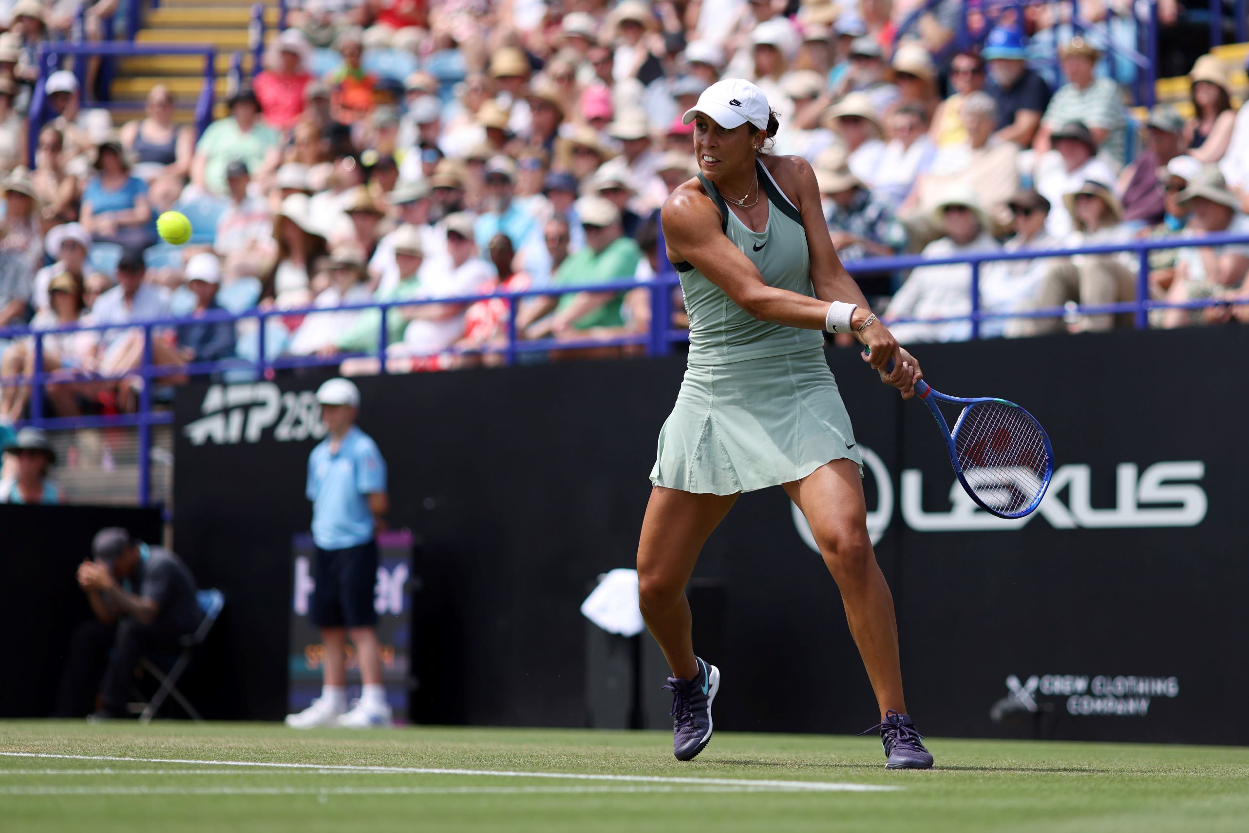 Madison Keys hitting a backhand on court at the Lexus Eastbourne Open