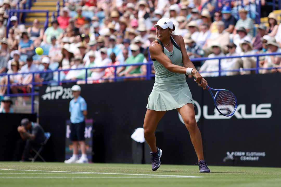 Madison Keys hitting a backhand on court at the Lexus Eastbourne Open