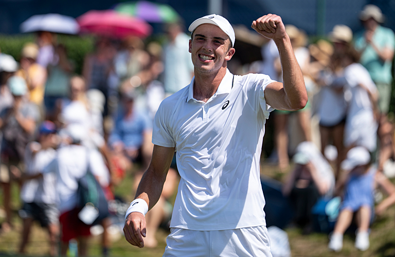 Oliver Tarvet celebrates a victory in 2026 Wimbledon qualifying