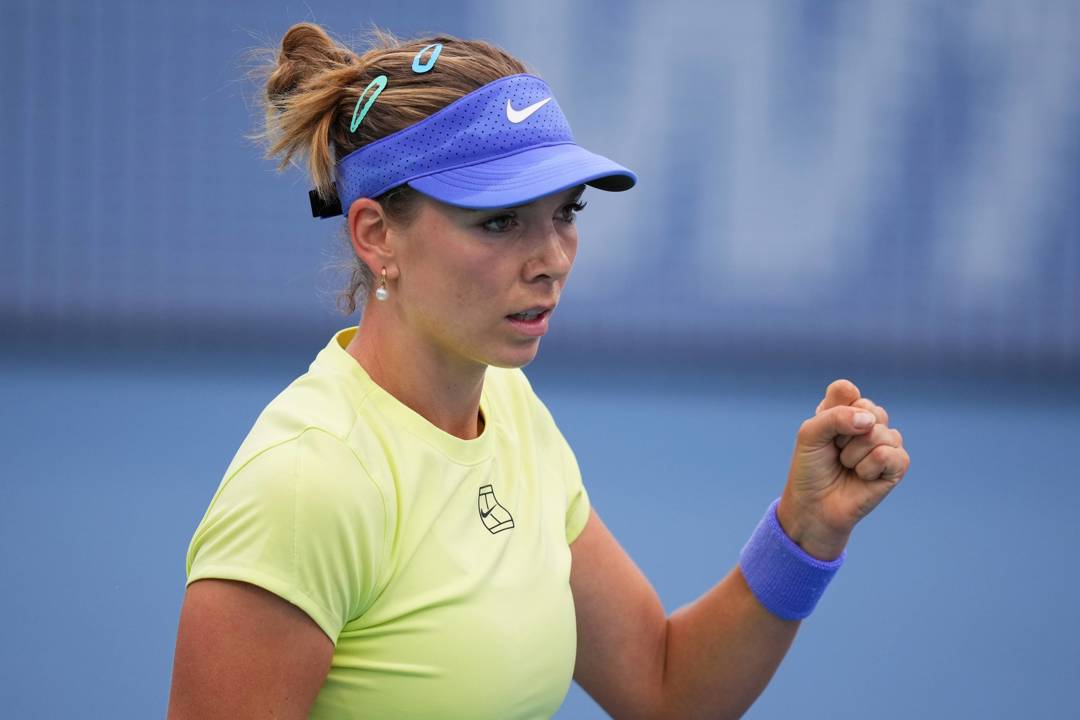 Katie Boulter gives a fist pump celebration at the Miami Open