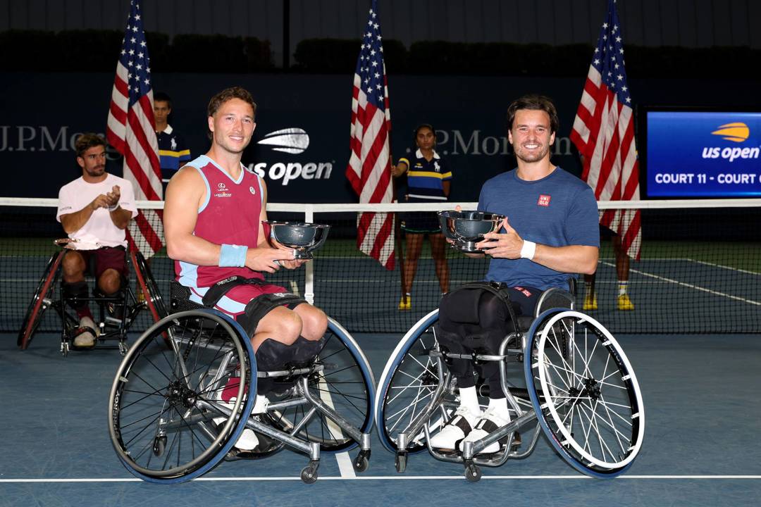 British wheelchair tennis players Alfie Hewett and Gordon Reid holding the 2026 US Open doubles title