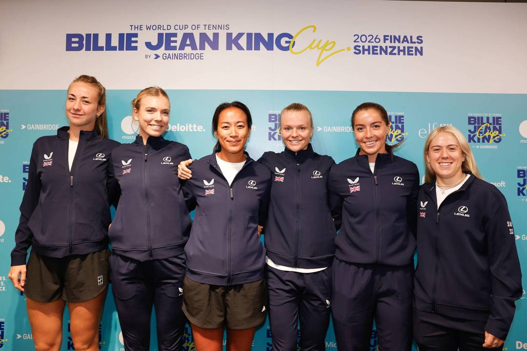The Lexus Great Britain Billie Jean King Cup Finals 2026 team smiling in front of the press board