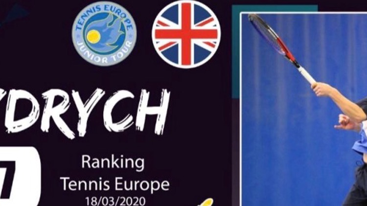 Viktor Frydrych playing a forehand shot and on left poster saying Viktor Frydrych Number 7 Ranking Tennis Europe