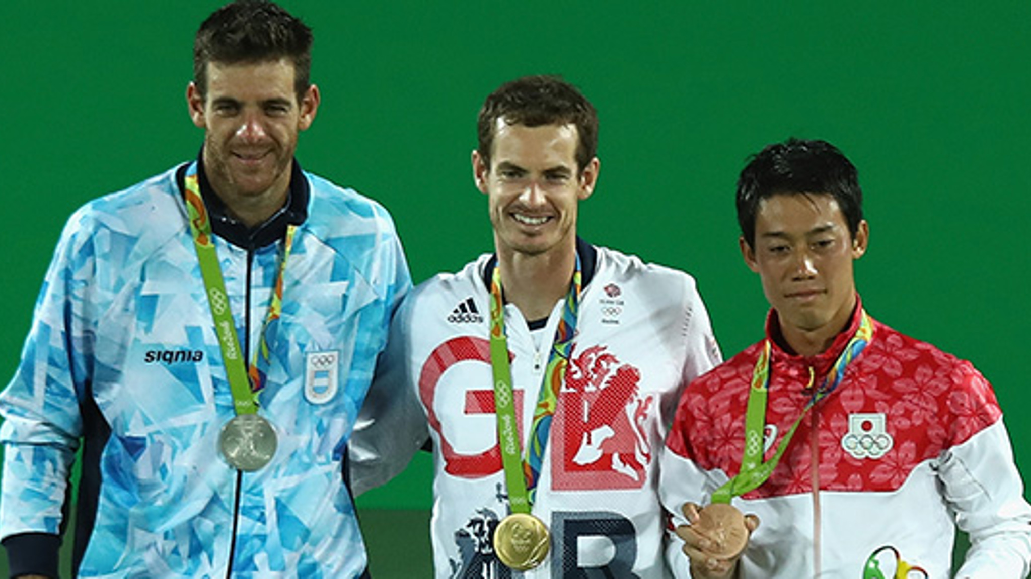 Andy Murray with his gold medal at the 2016 Olympics, bronze medalist Kei Nishikori and silver medalist Juan Martin Del Porto
