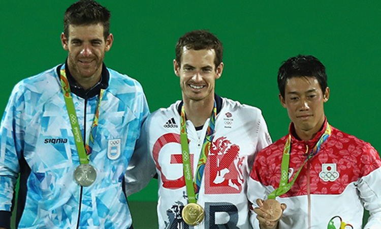 Andy Murray with his gold medal at the 2016 Olympics, bronze medalist Kei Nishikori and silver medalist Juan Martin Del Porto