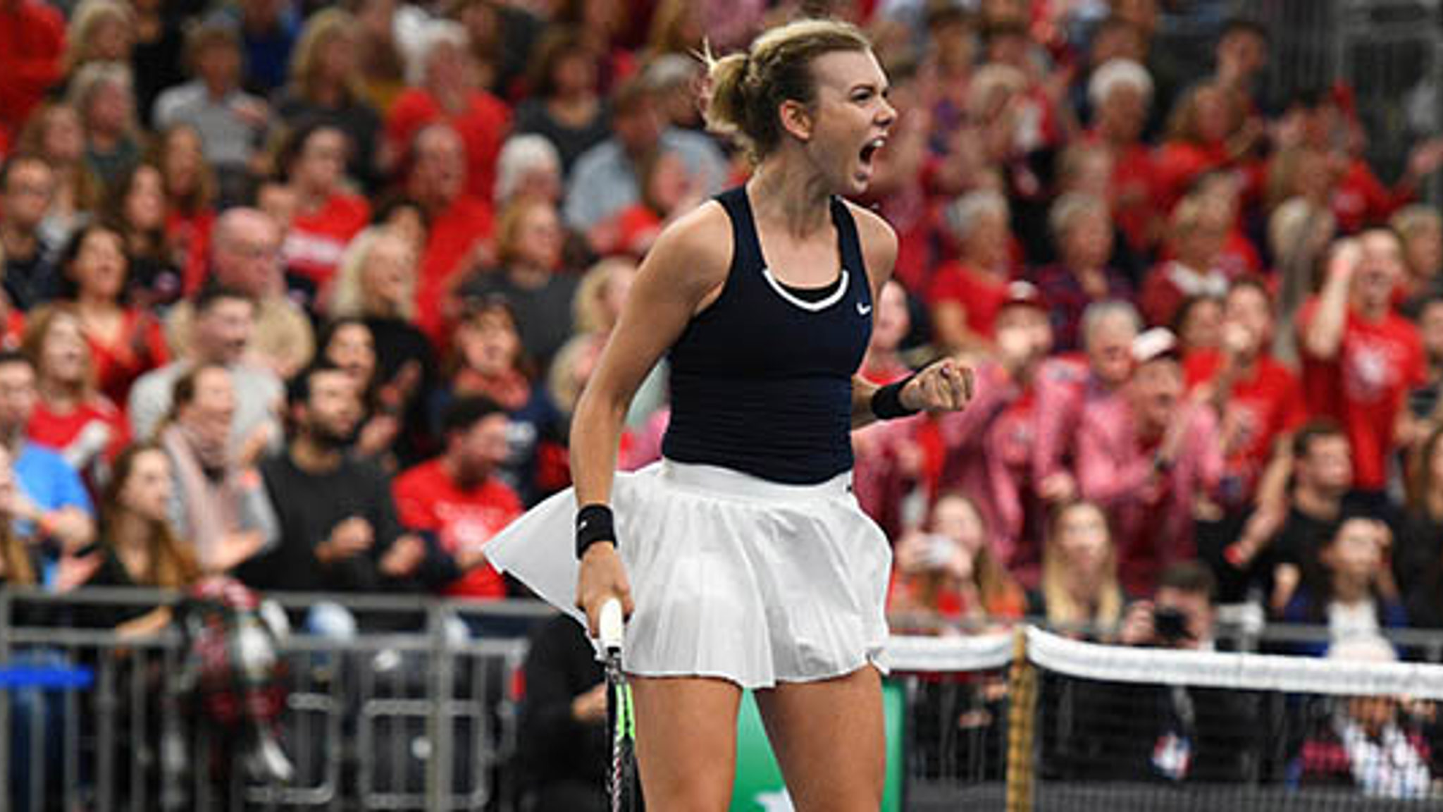 Katie Boulter celebrating at the Fed cup at Bath University