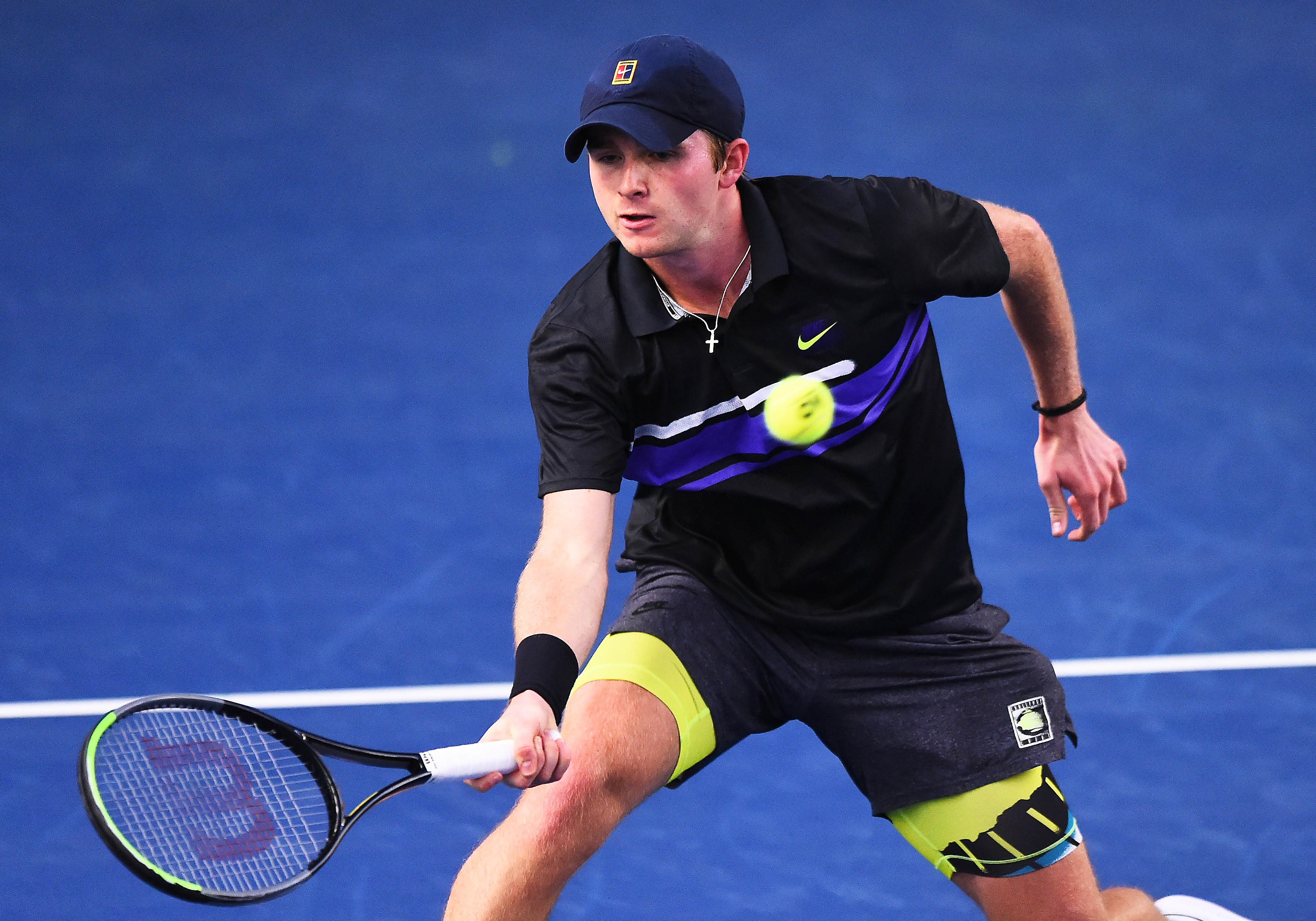 Aidan McHugh plays a forehand shot during their round robin match against Jack Pinnington Jones during Day Four of the Battle of the Brits Premier League of Tennis at the National Tennis Centre on December 23 2020.