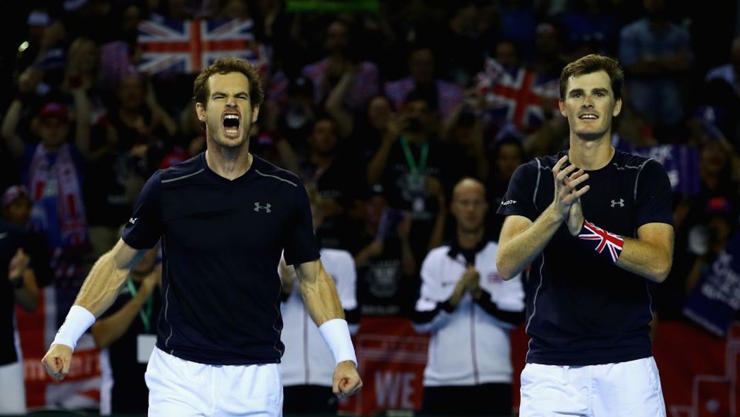 Andy and Jamie Murray celebrating at the Davis Cup Semi final