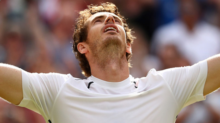 Andy Murray raising his arms after a tennis victory