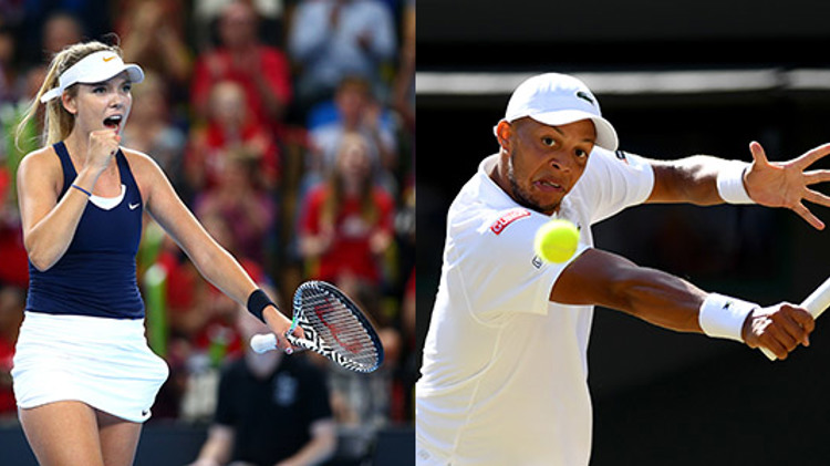 Jay Clarke performing a backhand and Katie Boulter celebrating a point at the Fed Cup
