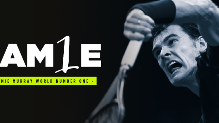 black and white poster of jamie murray playing a backhand shot with text 'Jamie Murray World Number One' in yellow