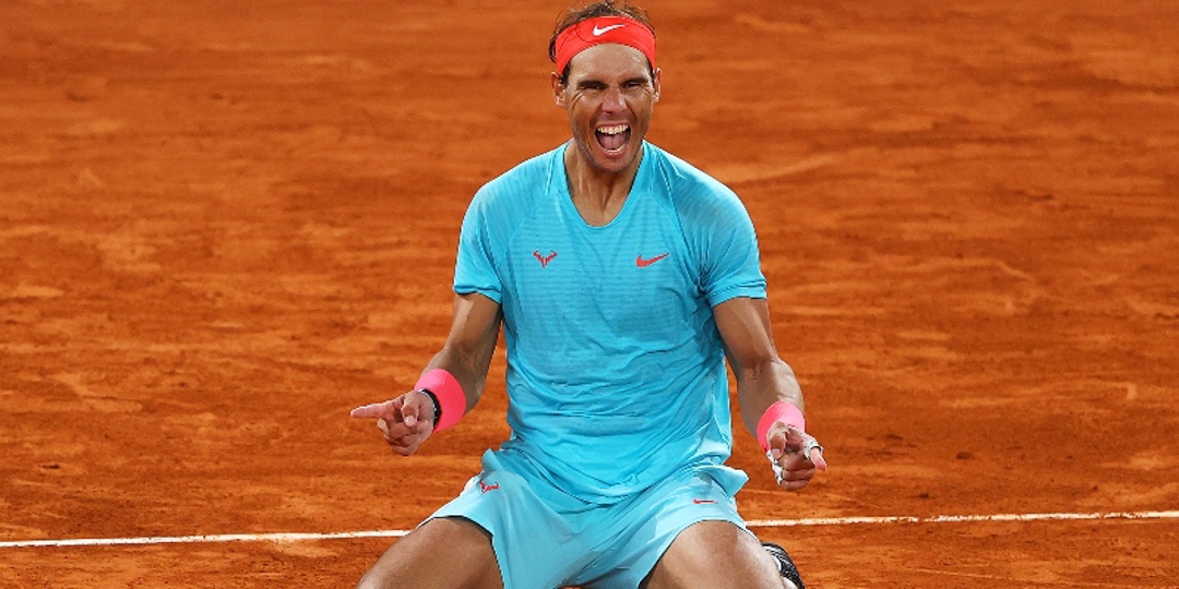 Rafael Nadal celebrating on court after his 13th French Open win