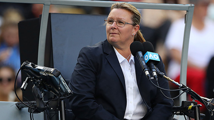 Alison Hughes umpiring a match at the Australian Open
