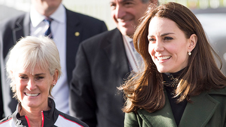 close up of judy murray and kate middleton standing next to each other smiling at  Craigmount High School in Edinburgh